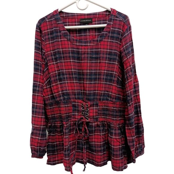 Lane Bryant Tops - Lane Bryant Womens Tunic Top 20 Red Plaid Flannel Smocked Waist Lantern Sleeve